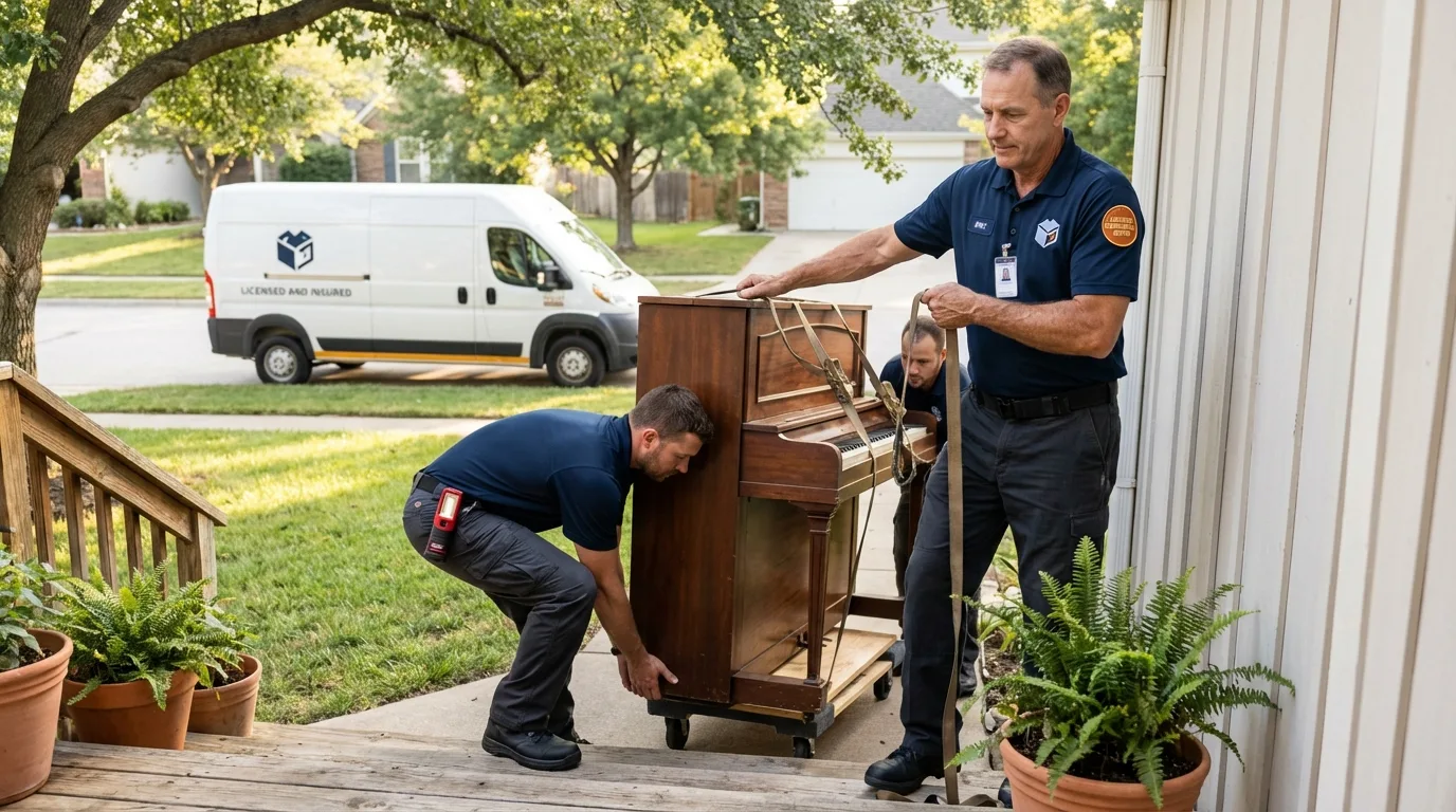 Licensed piano movers securing grand piano in New Haven, IN