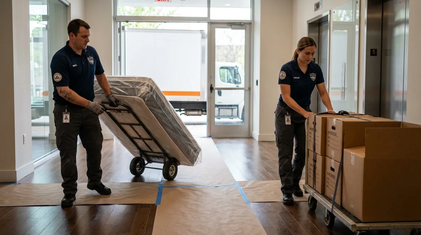 Professional apartment movers loading elevator in New Haven, IN