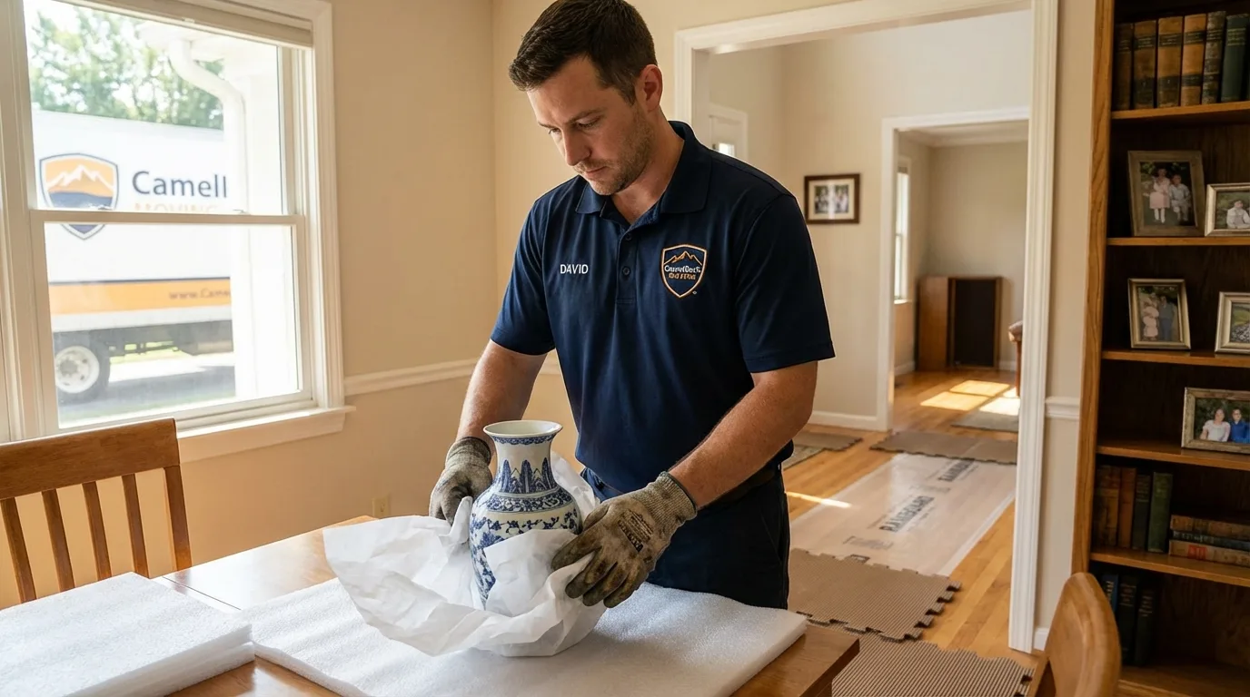 Professional crew carefully wrapping antique vase for senior downsizing move in New Haven, IN
