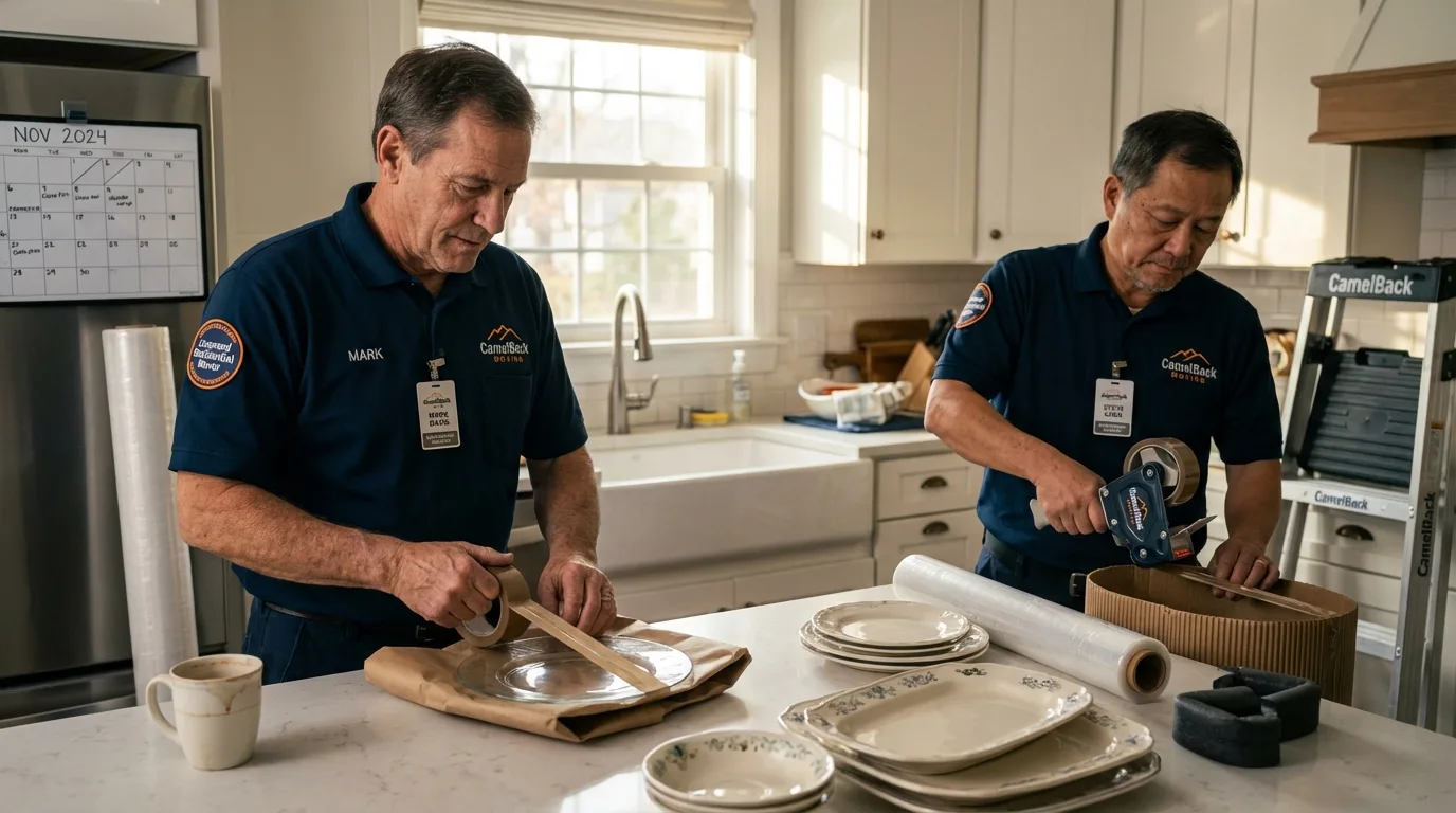 Professional crew packing kitchen dishware in New Haven, IN